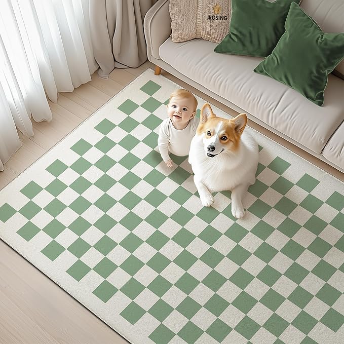 Washable Checkered Rug, 3x5 Sage Green Checkerboard Modern Foldable Small Area Rugs, Low Pile Ultra-Thin Non-Slip Indoor Doorway Doormat Carpet for Office Kitchen Bedroom Entryway Front Door
