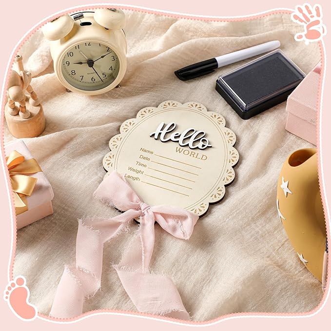 Baby Announcement Sign 7 Inch Double Sided Wooden Hello World Newborn Engraved Sign with Organza Bag Marker Pen Ink Pad Ribbon Bow for Baby Shower Hand Footprints Photo Prop (Pink Bow)
