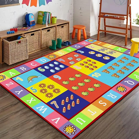 Cartoon Print Rugs for Living Room, 6x8ft, Fun Learning Playing Alphabet Rug, Absorbent Dirty Resistant Rubber Backed Mats, Soft Durable with Non Slip Backing Carpet for Kids Teen