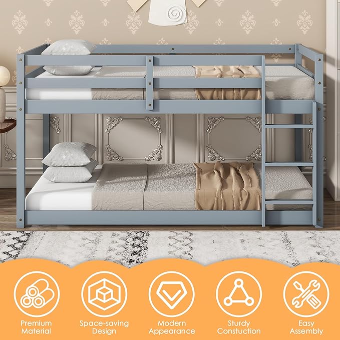 Bunk Bed Twin Over Twin, Wood Low Profile Floor Twin Bunk Beds with Ladder Guardrails for Kids Boys and Girls, No Box Spring Needed