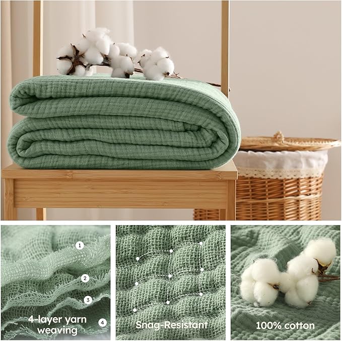 100% Cotton Muslin Blanket Queen Size 90" x 90" for Bed Couch Summer Gauze Blanket for Adults Lightweight and Breathable Dark Green