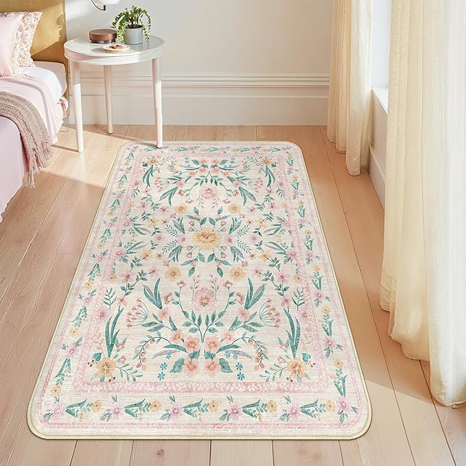 Pink Floral 3x5 Nursery Rug – Vintage Boho Area Rug, Soft Faux Wool Machine Washable Carpet with Non-Slip Backing, Foldable Low Pile Floor Mat for Girls Room, Bedroom, Nursery