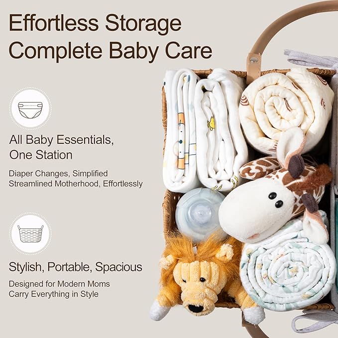 HBlife Baby Diaper Caddy Organizer, Washable Waterproof, Large Portable Scalloped Wicker Woven Basket with Divider, Nursery Diaper Station, Baby Shower Gifts Basket - Newborn Essentials, Car Organizer