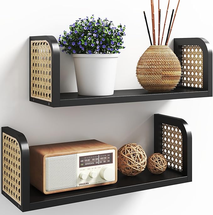 Black Rattan Shelf Set of 2, Nursery Shelves Wall Mounted, Natural Hanging Bookshelf Storage, Boho Decorative Floating Shelves for Kids Room, Living Room, Play Room, Bedroom, Home Decor