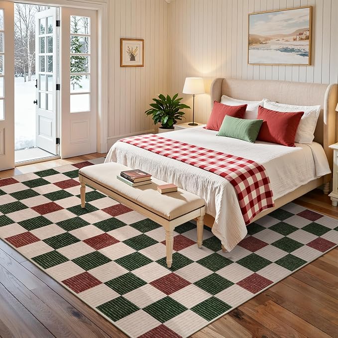 LIVEBOX 8x10 Christmas Area Rugs for Living Room Clearance, Checkered Non-Slip Washable Rugs, Farmhouse Neutral Classic Pattern Boys Area Rug for Bedroom, Carpet for Dining Room(Christmas,8'x10')