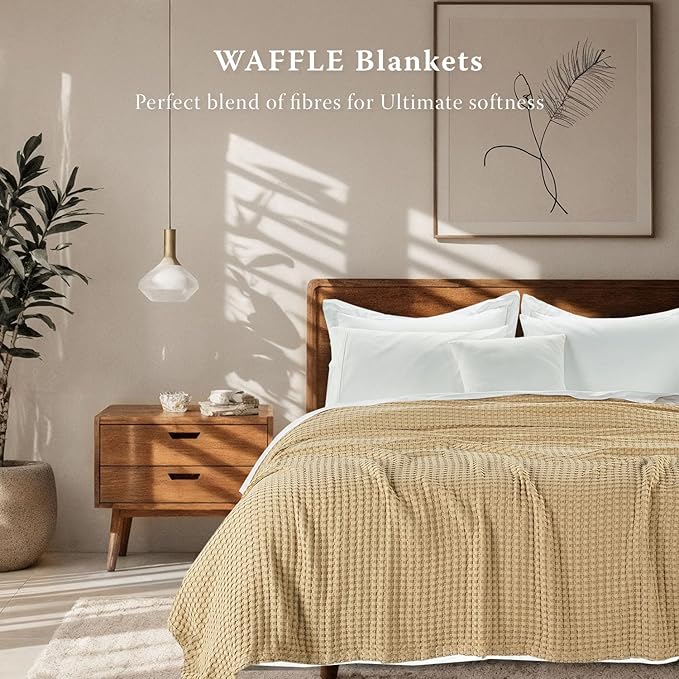 Threadmill Cooling Waffle Blanket King Size | Breathable, Lightweight and Cooling | Made from Rayon Derived from Bamboo | Waffle Throw Blanket for Couch and Sofa | 106 x 92 Inches | Beige