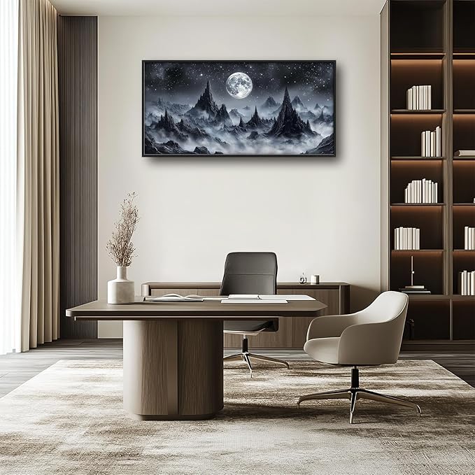 Olivine Mountain Large Wall Art, Black And White Pictures Wall Decor, Nature Landscape Paintings, Moon Canvas Prints, Framed Artwork for Dining Room Bedroom Living Room Office Bathroom Home 60"x30"