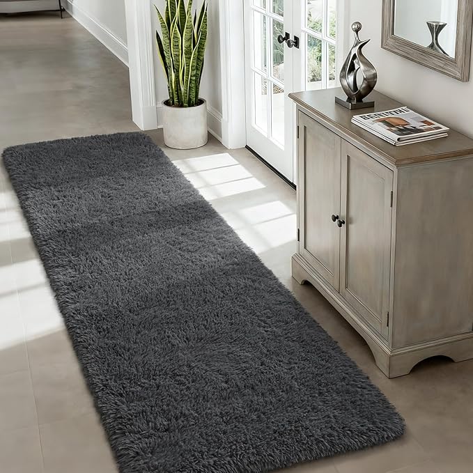Merelax Soft Runner Rugs for Bedroom Living Room, 2x6 Feet Non Slip Plush Fluffy Long Rug for Hallway, Shag Furry Washable Area Rug for Bedside Nursery Kids Room Home Decor Carpet, Dark Grey