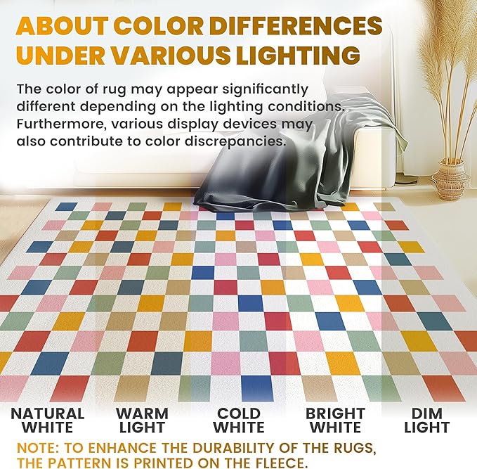 Washable Checkered Rug, 9x12 Colorful Rainbow Checkerboard Modern Boho Foldable Large Area Rugs for Living Room, Low Pile Ultra-Thin Non-Slip Indoor Carpet for Office Bedroom Diningroom Classroom