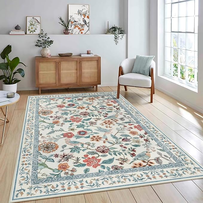 Blue Floral 5x7 Area Rug, Washable Non-Slip Boho Rugs for Living Room Low Pile Flower Birds Bedroom Rug, Soft Non-Shedding Botanical Indoor Carpet for Nursery Playroom Dining Room