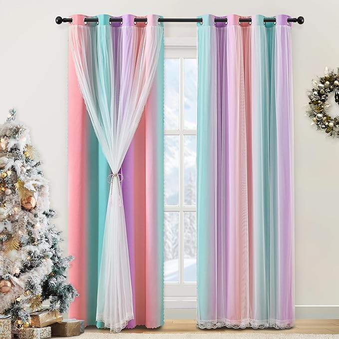 XiDi 100% Blackout Curtains for Girls Bedroom 63 Inches Long 2 Panels Colorful Rainbow Nursery Kids Curtains with Sheer Overlay Unicorn Wall Decor Princess Grommet Drapes Pink Purple Green 34W x 63L