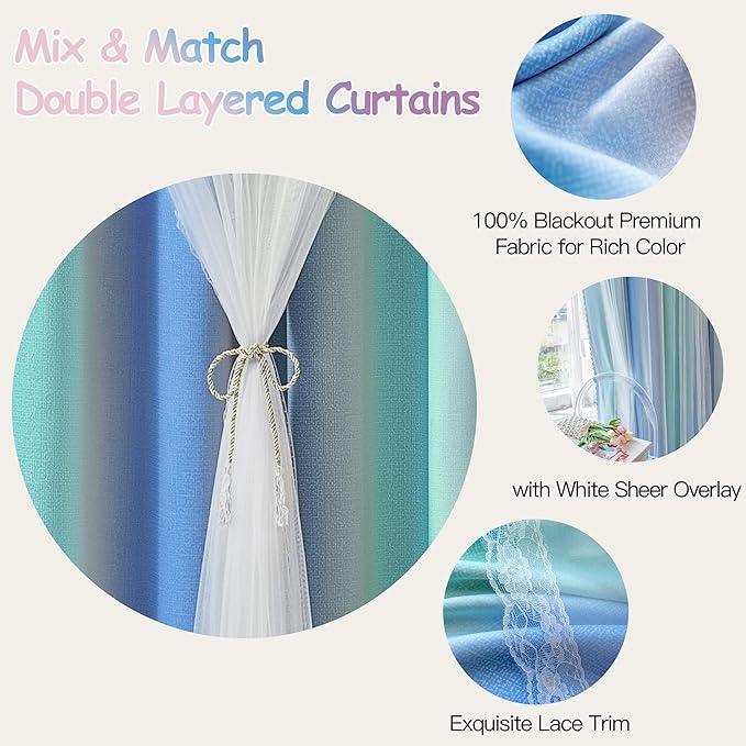 XiDi Blakout Curtains with Sheer Overlay 84 Inches Long for Bedroom 2 Panels Double Layer Rainbow Curtains for Nursery Kid Room Thermal Insulated Room Darkening Grommet Drapes Blue Green Grey 52Wx84L