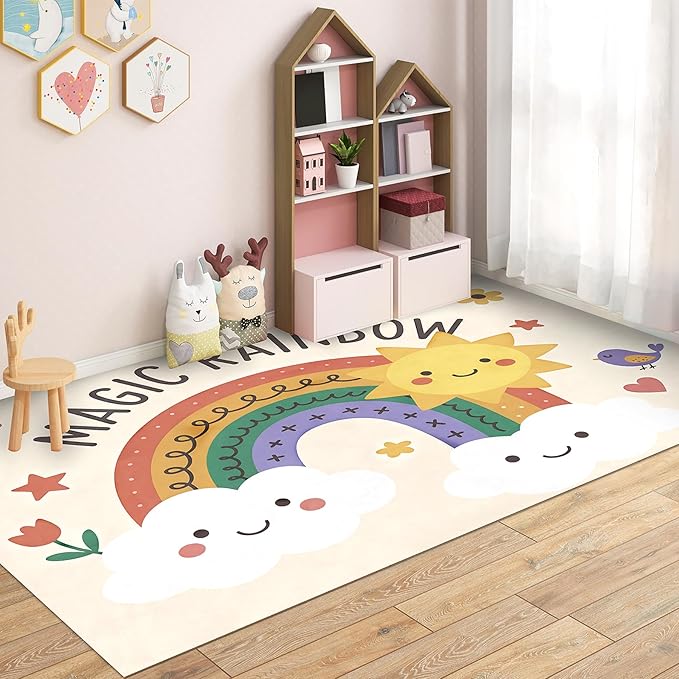 Rainbow Sun Pattern Soft Girls Area Rug for Kids Room Washable Artificial Wool Bedroom Living Room, Funny Carpet Non-Slip Outdoor Indoor Floor Carpet Home Decor, 5'x7'