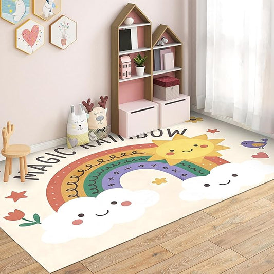 Rainbow Sun Pattern Soft Girls Area Rug for Kids Room Washable Artificial Wool Bedroom Living Room, Funny Carpet Non-Slip Outdoor Indoor Floor Carpet Home Decor, 5'x7'