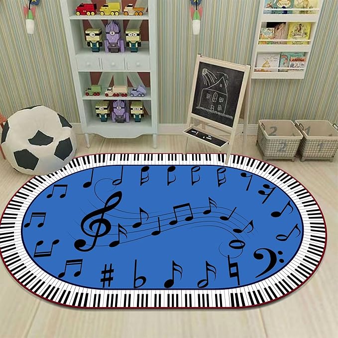 Kids Piano Music Area Rug, 5x8ft, Black and White Keys Musical Notes Design Rug, Music Classroom Decorative Floor Mats, Non-Slip Washable Indoor Carpet for Children's Bedroom Playroom Nursery