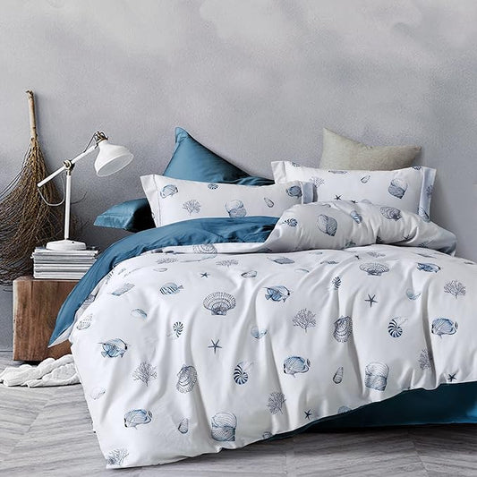 MILDLY 100% Washed Cotton Duvet Cover - Seashell Blue Comforter Cover Set Nautical Coastal Pattern Bedding Set with Zipper Closure 4 Ties Twin Size
