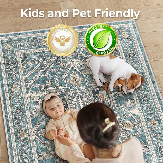 WITSHOCK Living Room Area Rugs 9x12: Washable Rug Boho Soft Non-Slip Low Pile Stain Resistant Foldable Carpet for Bedroom Playroom Dining Room Office Kitchen Farmhouse Home Decor Rug-Dull Teal