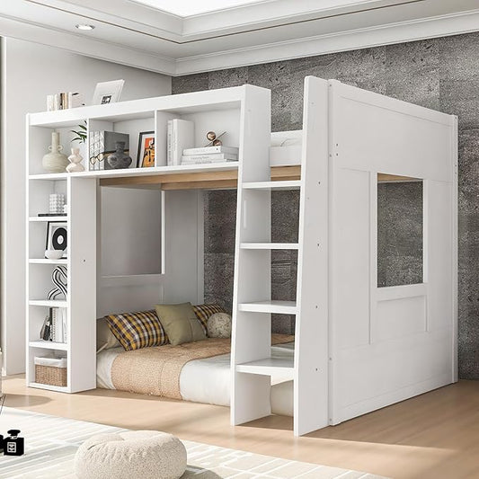 Playhouse Design Queen Size Loft Bed with Built-in Storage Shelves and 2 Windows, Solid Wood Loft Bed Frame with Safety Guardrail for Kids Teens Boys Girls, Space-Saving (White-12.9)