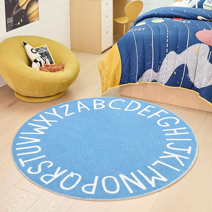 Topotdor Round Kids Play Rug Alphabet Nursery Area Rug Extra Large Soft Crawling Play Mat for Children Toddlers Bedroom (47 inch, Sky Blue)