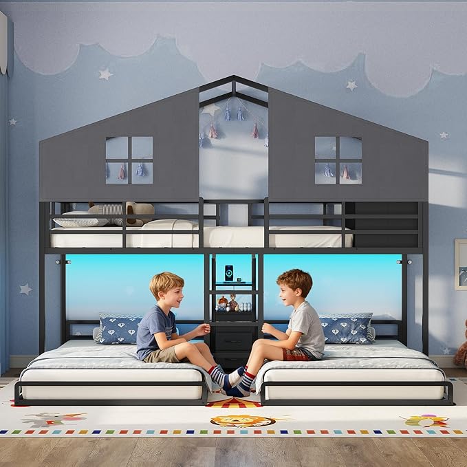 BTHFST Triple Bunk Bed Twin Size with House, 4 Storage Drawers, Charging Station and LED Lights, Metal Kids Bunk Bed with 13.4" H Safety Guardrail and Play Curtain, DIY House Shaped Bed, Black