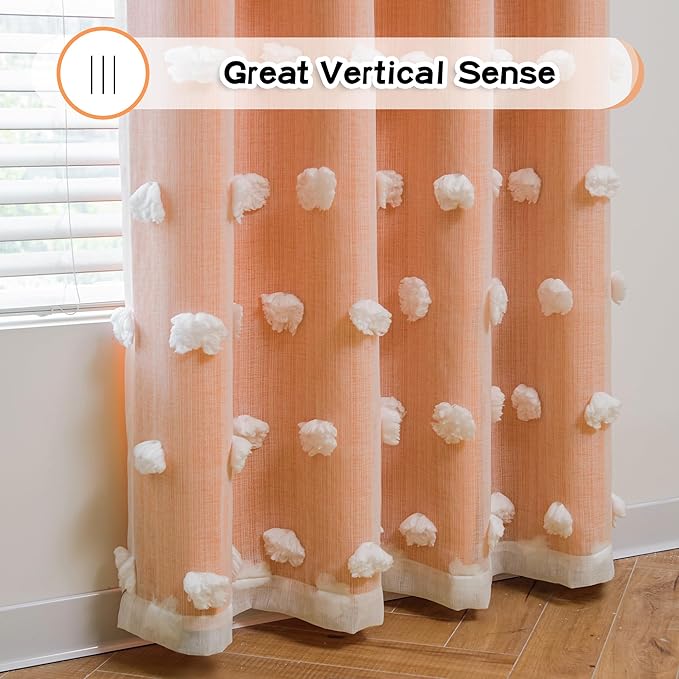 MYSKY HOME Orange Curtains 95 Inches Long for Living Room White Pom Pom Sheer Double Layer Curtains for Kids Rooms Nursery Curtains for Toddler Bedroom Grommet Room Darkening Window Panels 52" X 95"
