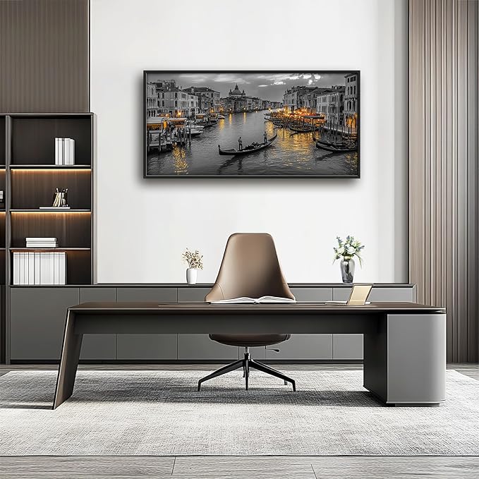 Olivine Italy Large Wall Art, Venice City Pictures Wall Decor, Black and White Painting, Cityscape Canvas Prints, Framed Artwork for Dining Room Living Room Bedroom Bathroom Office Home Decor 60"x30"