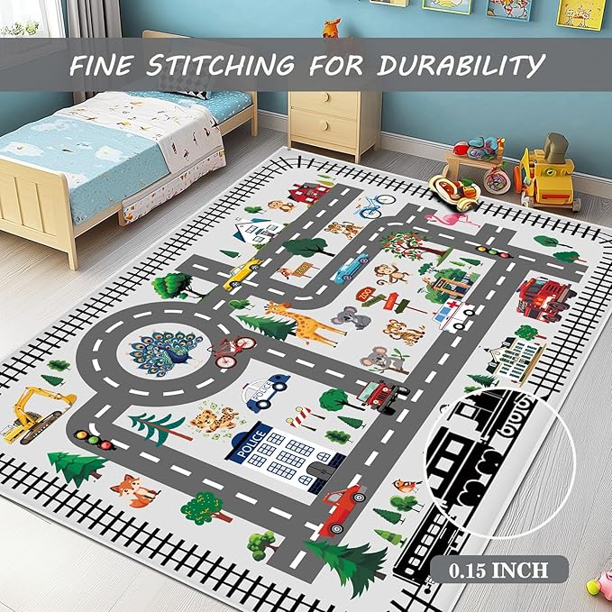 Baby Play Mat, Playroom Rug for Kids, Non Slip Washable Toddler Floor Mat, Car Rug for Kids Toy Cars, City Road Carpet for Playroom Bedroom Boys, Car Track Map Playmat - 4x6ft