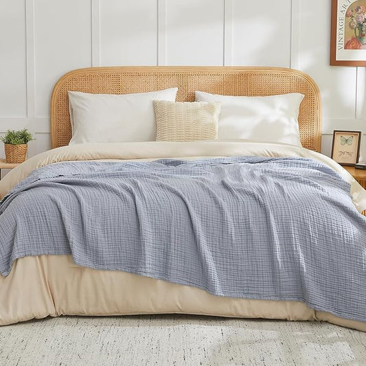 EMME Cotton Muslin King Blanket Big Oversized Bed Layering Bedspread Coverlet Breathable Gauze Soft Lightweight Blankets (Dusty Blue, 120"x94")