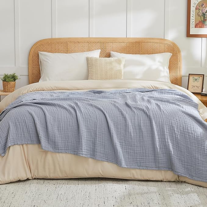 EMME Cotton Muslin Queen Blanket Bed Layering Breathable Gauze Blanket Soft Lightweight Blankets Adults (Dusty Blue, 90"x90")