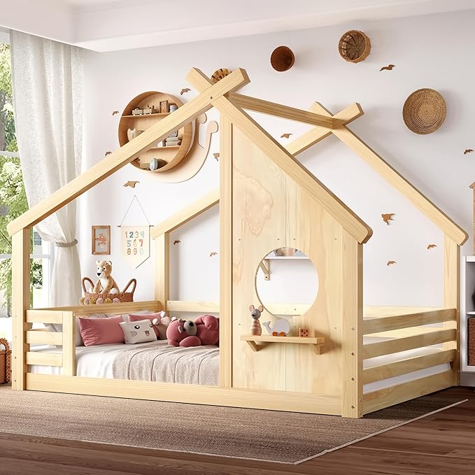 SOFTSEA Full Size Floor House Bed with Roof, Solid Wood Montessori Bed Frame with Slats and Guardrails, Kids Playhouse Floor Bed for Boys Girls, No Spring Box Needed, Natural