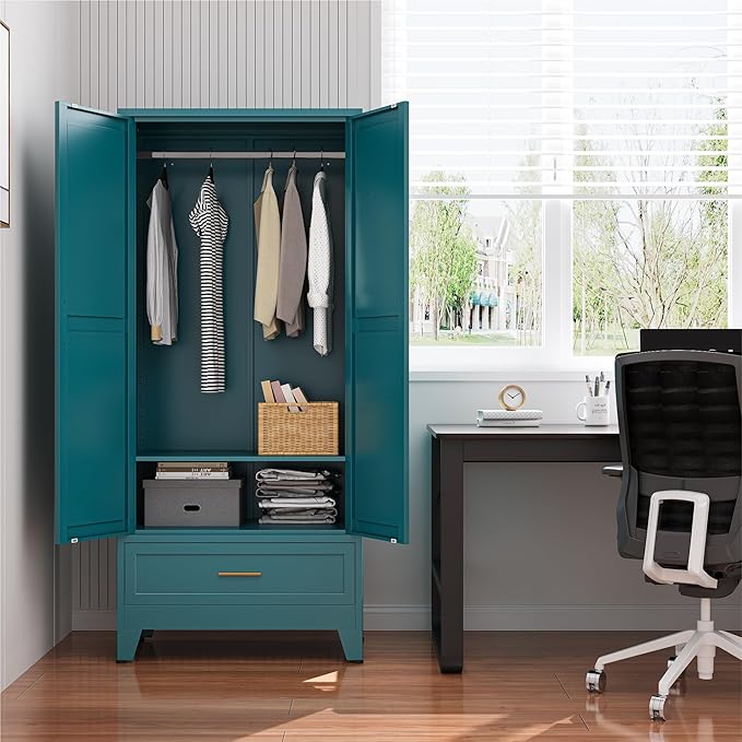 Metal Wardrobe Closet Cabinet with Drawers,71" H Large Bedroom Armoires with Shelves and Hanging Rod,Wardrobe Storage Cabinet with 2 Doors, 1 Adjustable Shelf and Drawers (1Drawer, Blue)