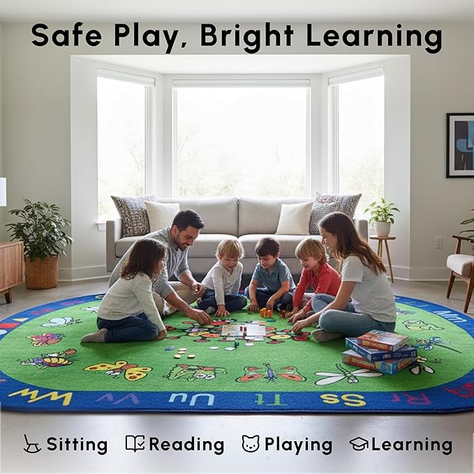 SAFECASTLE Kids Carpet Kritters Alphabet Rug 5'4" x 7'8"– Colorful Oval Educational Area Rug with Letters, Numbers & Insects, Learning Carpet for Toddlers, Preschool, Classroom, Daycare & Playroom