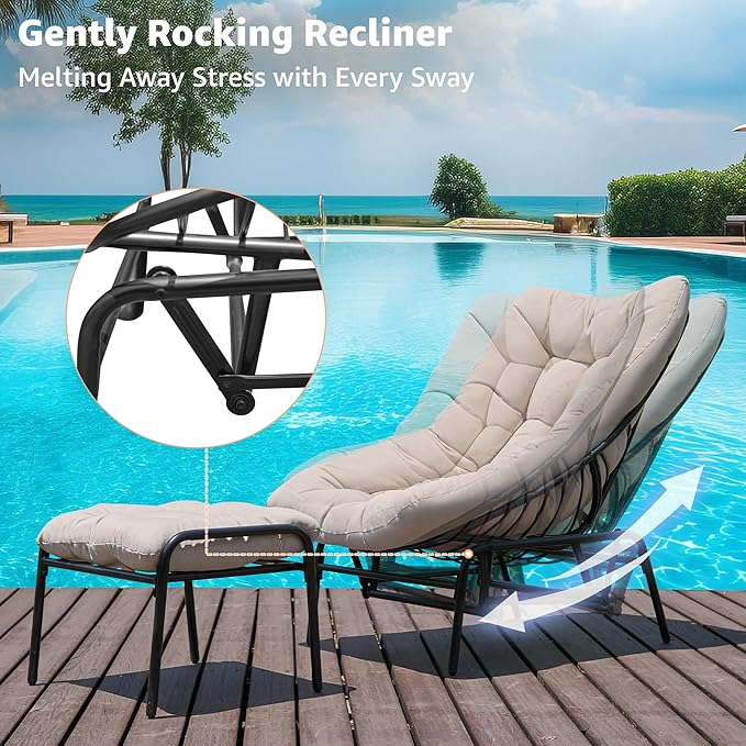 NATURAL EXPRESSIONS Lounge Chair Outdoor with Ottoman, 2-Piece Gentle Rocking Chaise Lounge Set, 4.7" Olefin Cushion & Sturdy Frame, Glider Rocking Chair for Indoor Outdoor Use