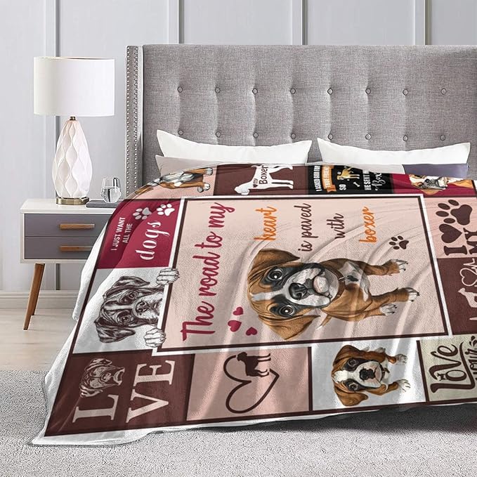 Boxer Blanket Cute Puppy Decor Throw Blanket Super Soft Flannel Lightweight Fluffy Plush Cozy Fuzzy Fleece Blanket Gifts for Dog Lover Girl Boys Woman Man Kids Adults for Bed Sofa Couch 50"X60"