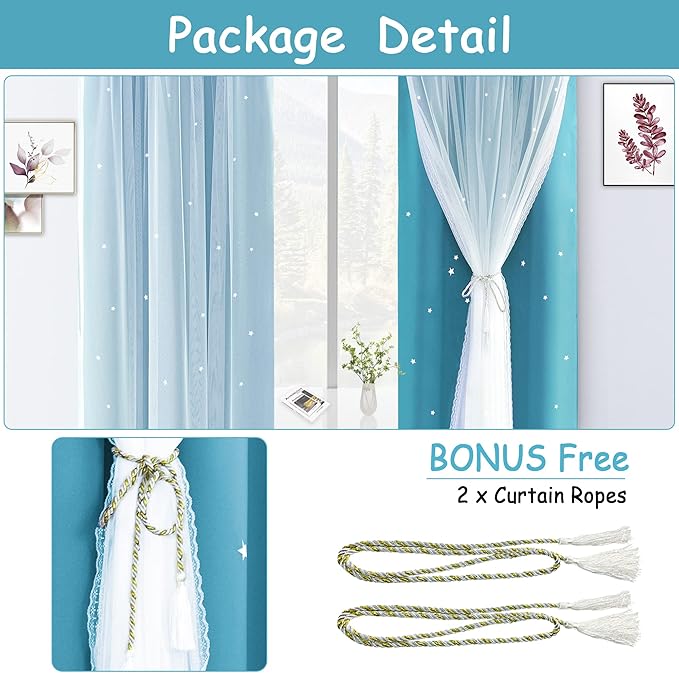 Kinryb Star Cutout Blackout 95 Inches Curtains Double Layer with Sheer Overly Curtains for Bedroom Thermal Insulated Window Treatment Set with 2 Free Tiebacks (52W x 95L 2 Panels Sky Blue)