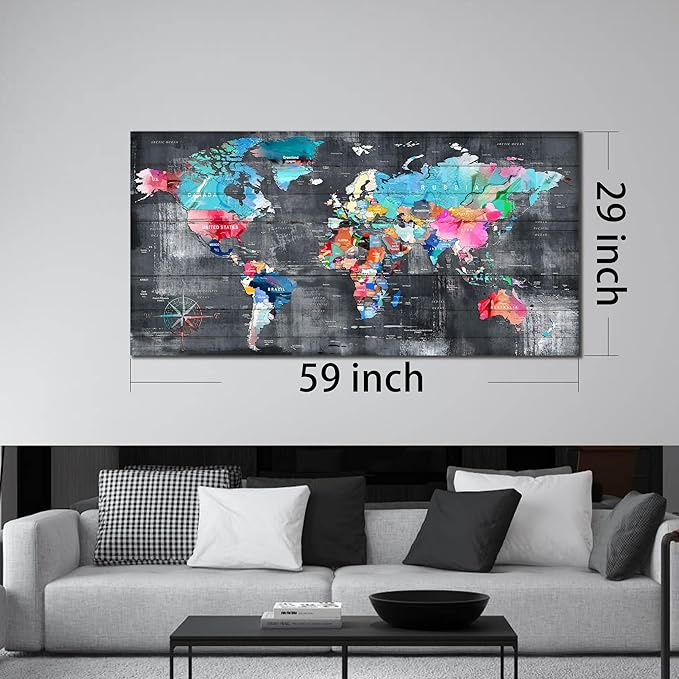 ZHAOSHOP Teal Wall-Art for Living Room - World Map Wall Decor - Large World Map for Wall Ready to Hang Size 59" x 29"…
