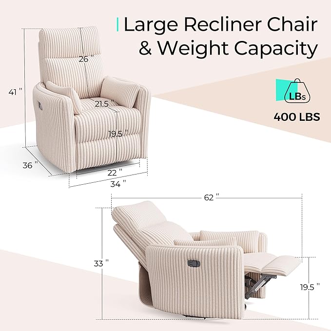 LINSY HOME 360 Swivel Nursery Rocking Chair with 2 Pillows, Corduroy High Back Adult Recliner for Small Spaces, Nursery Glider Rocker Chair, Bedroom Living Room Reclining Chairs (Beige)