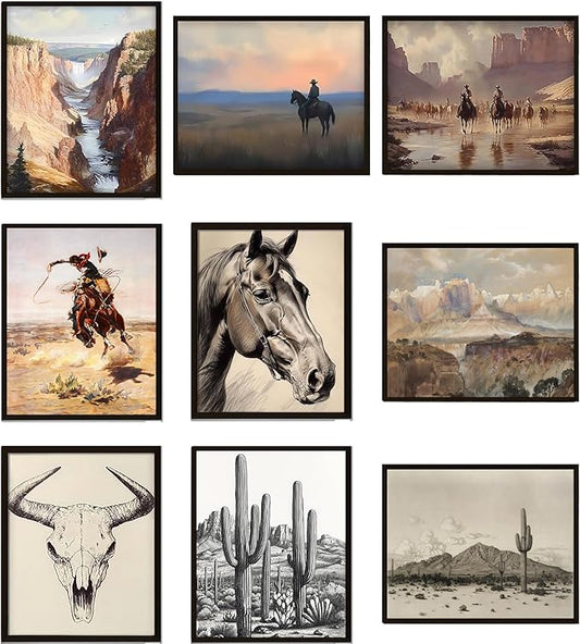 Western Desert Cowboy Posters Wall Art Set of 9, Boho Western Ranch Canvas Wall Decor Prints, Farmhouse Collage Aesthetic Pictures for Bedroom Bathroom Gallery Office Home Decoration 8x10in Unframed