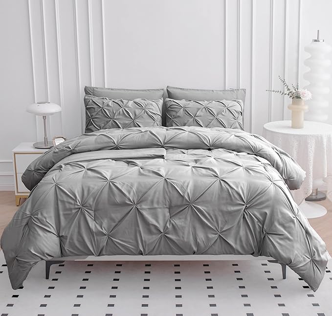 Lane Linen Bed Set, 7 Piece Cal King Comfort Collection, Pintuck Bedding, Soft Cali King Sheets, Pillowcases & Shams - Silver