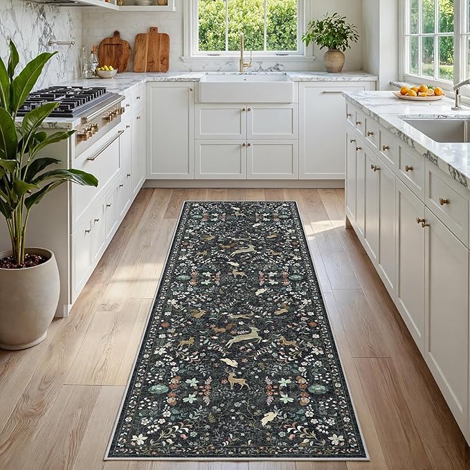 Runner Rug Washable Runners Kitchen Rugs Non Slip Animal Floral Carpet Low Pile for Indoor Hallways Entryway Living Room Bedroom Laundry Soft Mat 2'6''x8' Black
