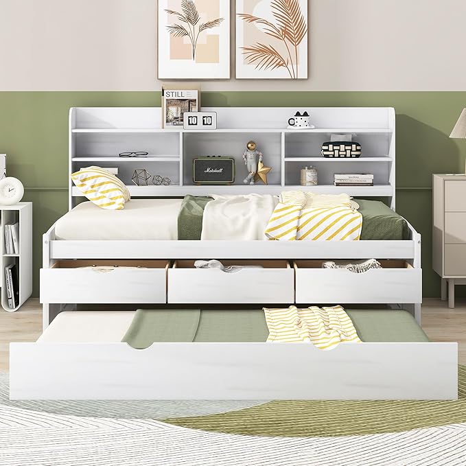 Harper & Bright Designs Twin Size Captain Bed with Built-in Bookshelves/3 Storage Drawers/Trundle, Wooden Twin Daybed Bed Frame for Kids Teens Dorm Bedroom Multipurpose Guest Room, White Wash