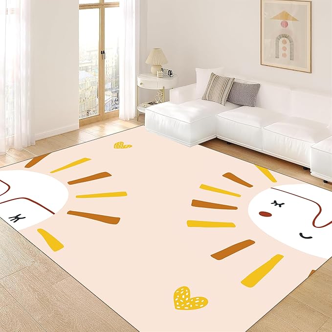 Children's Rug Living Room Plush Area Rugs Educational Rugs Soft Washable Non-Slip Rugs Simple Cute Sun and Love Prints Kids Room Nursery Decor Pink Rugs 4x6ft