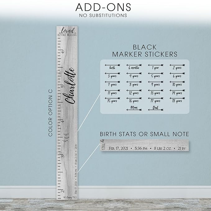 Wooden Kids Growth Height Chart Ruler for Boys and Girls Painted (The No Tippy Toes - Loved Beyond Measure) Back40Life