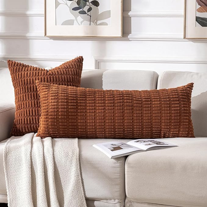 Fancy Homi 2 Packs Rust Long Body Lumbar Decorative Throw Pillow Covers 14x36 Inch for Bed Couch Bedroom Bench, Soft Corduroy Rectangle Solid Pillow Case, Terracotta Rustic Farmhouse Boho Decor