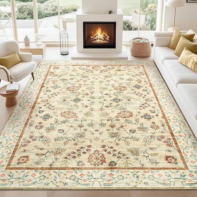 8x10 Rugs for Living Room, Beige Washable Floral Area Rug for Bedroom, Soft Non Slip Indoor Low Pile Carpet for Kitchen Dining Room, Large Boho Throw Carpets for Kids Nursery Office Dorm Home Decor