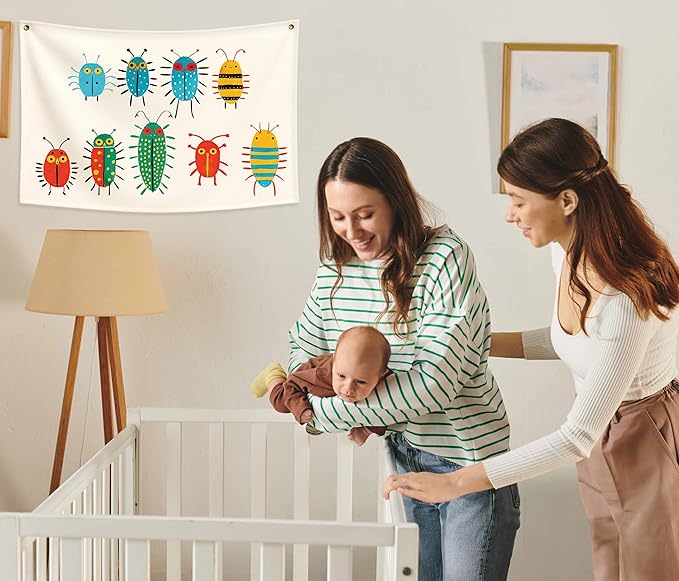 Insects Theme Education Rectangular Canvas Banner-Boho Flag Wall Decor for Boy Girl Kids,Nursery Above Crib Bedroom Reading Room Playroom Teacher Office Decor-Baby Shower Birthday Christmas Gift