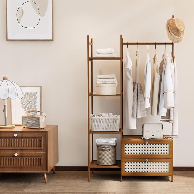 Bamboo Clothes Rack,Garment Rack with Drawers and Shelves,5 Tier Storage Shelves with 6 Hanging Hooks,Wardrobe Closet for Entryway Guestroom Kids Bedroom(31.5inch Width Tawny with Rattan Door)
