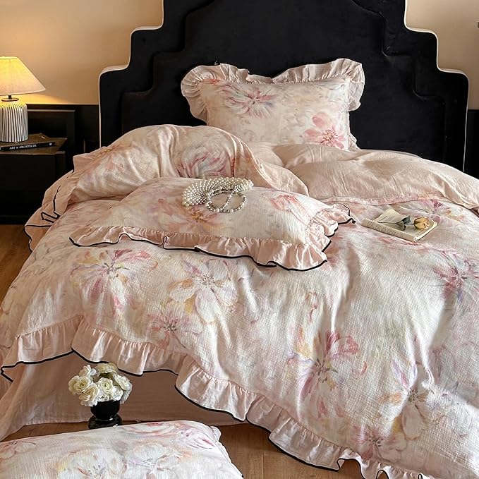 HighBuy Farmhouse Linen Cotton Duvet Cover Full Size,Pink Floral Ruffle Design Muslin Yarn-Dyed Textured Duvet Cover Set Coquette Soft Comforter Cover Ruffle,3 Pieces Cottagecore Bedding Set