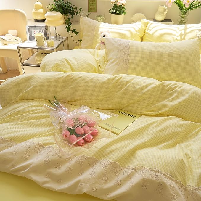 LifeTB Yellow Gingham Duvet Cover Queen 3 Pieces Romantic Lace Comforter Cover Soft Microfiber Cream Yellow Grid Duvet Cover Farmhouse Plaid Checkered Comforter Cover Grid Gingham Bedding Set