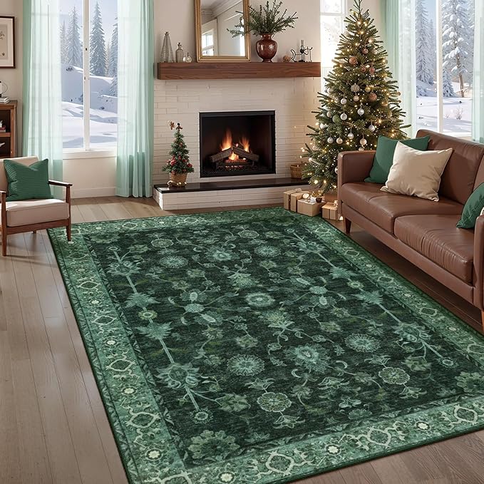 Tangsoo Washable Area Rug 3x5 Non Slip, Boho Distressed Vintage Green Floral Throw Rug for Bedroom Entryway, Soft Low Pile Floor Carpet Indoor Mat for Entrance Bedside Kitchen Nursery Office Farmhouse